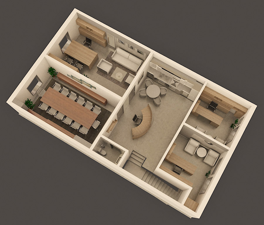 3D rendering of the interior of a building.