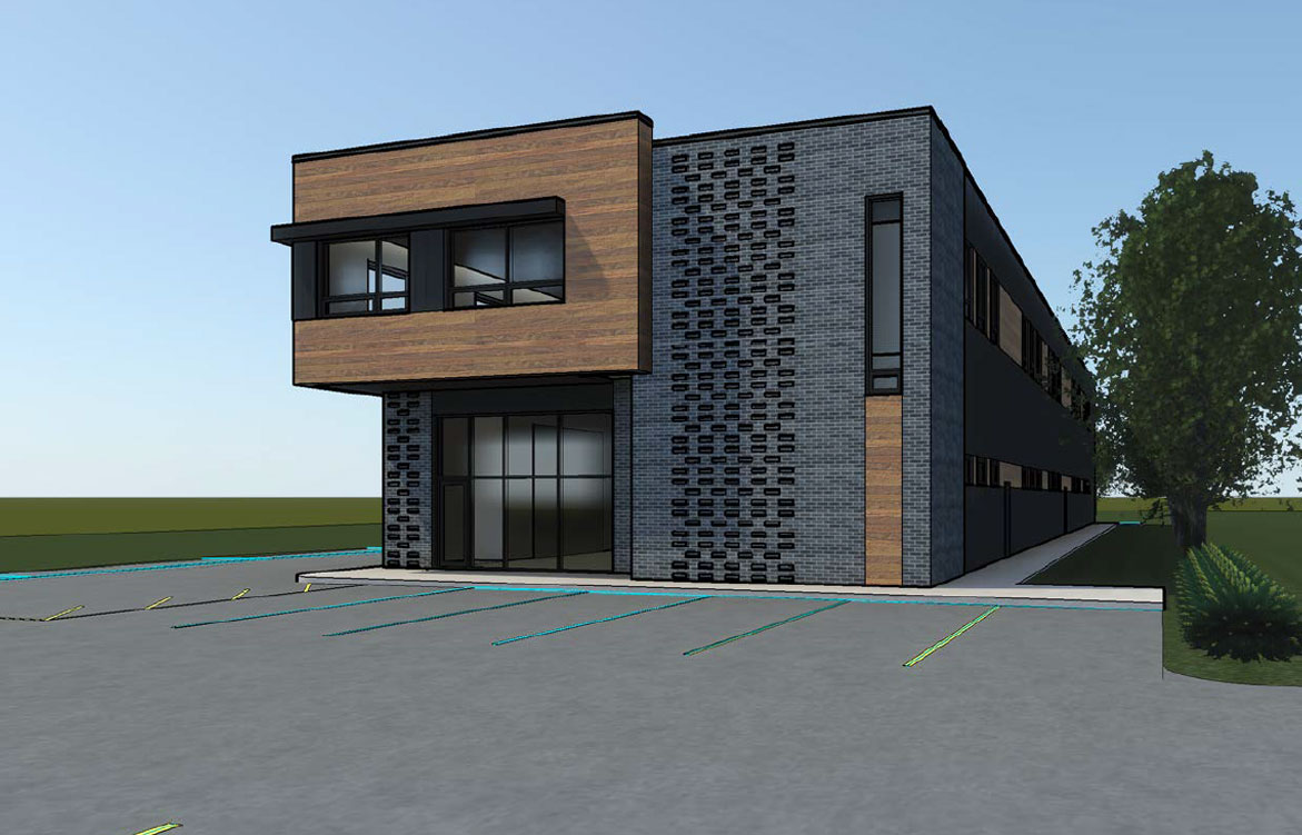 Digital rendering of a commercial building.