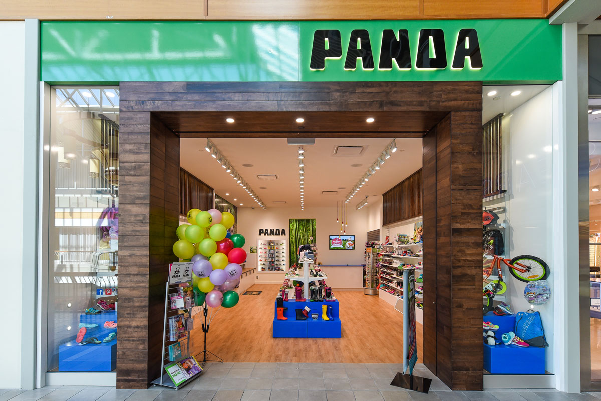 Storefront view of Panda Shoes in Pointe-Claire after the transformation completed by our general contractor and interior designers.
