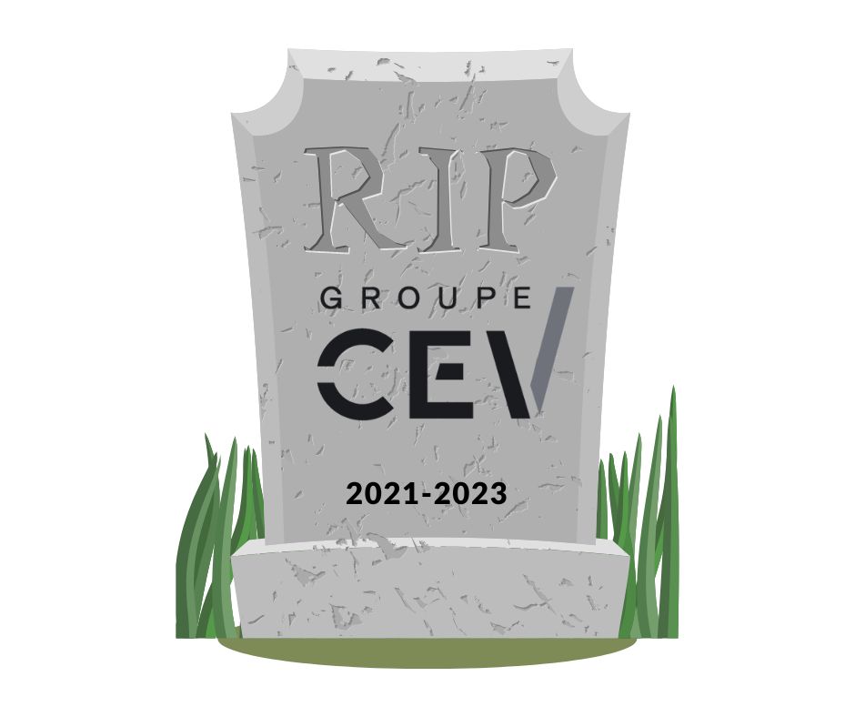 Illustration cartoon d'une pierre tombale avec l'inscription 'CEV Group'.