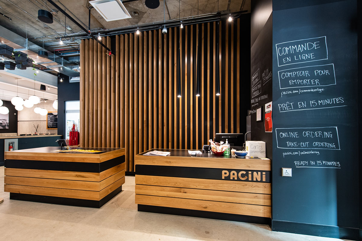 Intérieur du restaurant Pacini à Montréal après la transformation réalisée par notre entrepreneur général et designer d'intérieur.