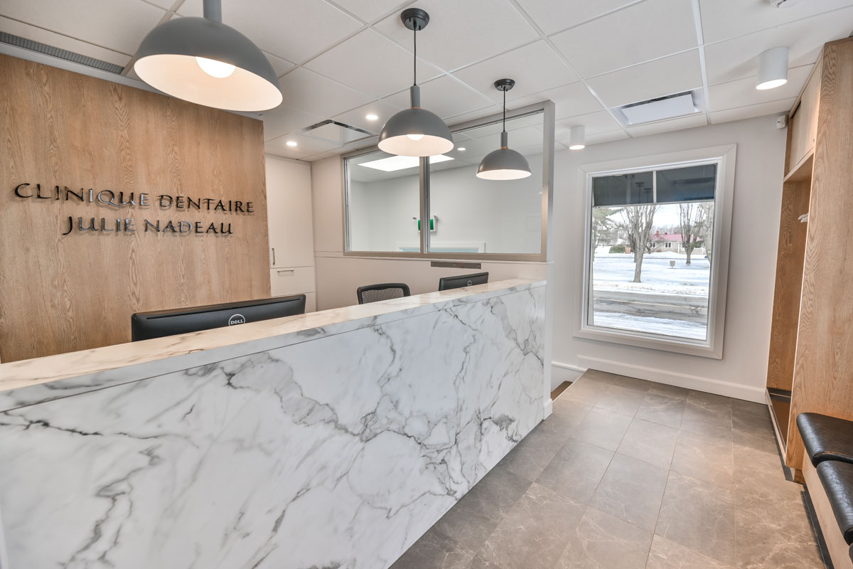 Inside look at Julie Nadeau Dental Clinic in St-Césaire after the office renovation completed by our general contractors and interior designers.