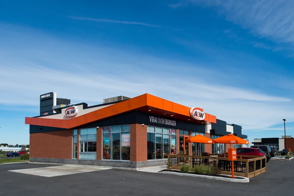 Exterior view of A&W restaurant, one of our completed construction and design projects.